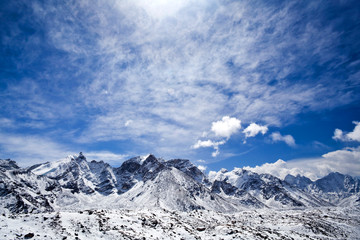 Khumbu glacier under blue sky in Sagarmatha National Park, Nepal Himalaya