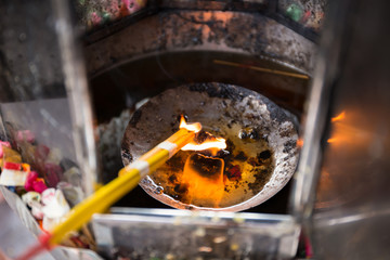 Fire in temple prepare for light candle and incense