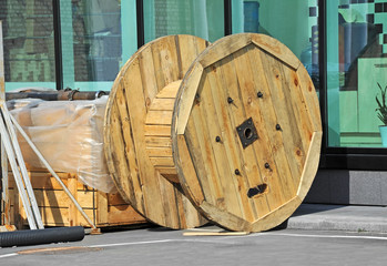 Wooden coil for electric cable on construction site