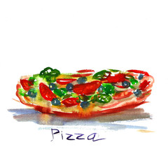 Hand drawn water color illustration of pizza.