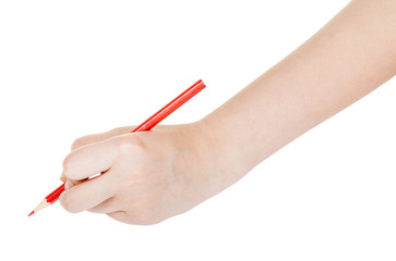 hand paints by red pencil isolated on white
