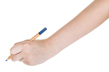 female hand draws by wood blue pencil