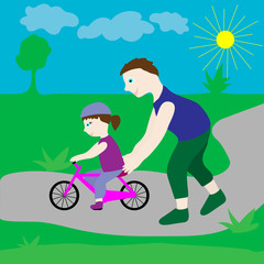 Dad with his daughter and a bicycle.