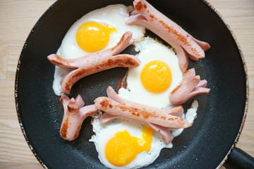 fried eggs with sausage in a pan