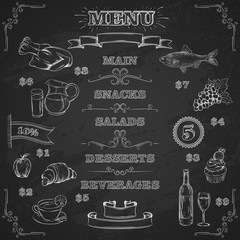Restaurant Food Menu Design with Chalkboard Background Vector hand drawn Menu illustration.