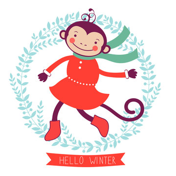 Hello winter concept card with monkey - symbol of 2016 new year
