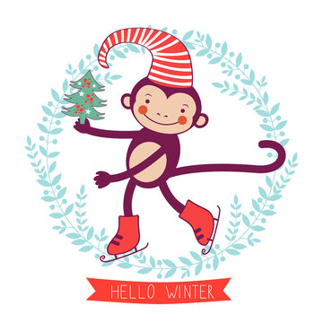Hello winter concept card with monkey - symbol of 2016 new year