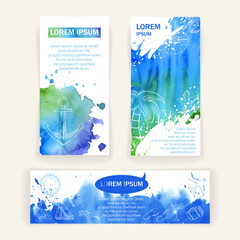 set of cards and a banner with watercolor background. Vector illustration. Doodles summer style sketches. Hand drawing texture.