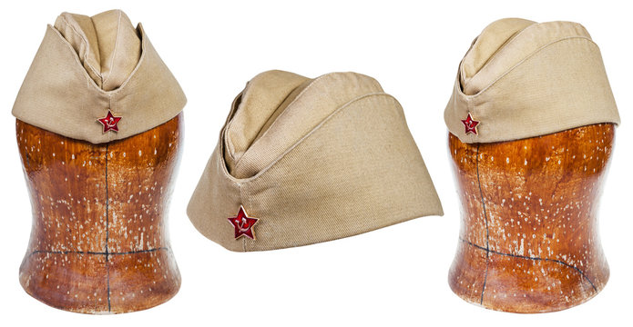 set of military field caps with soviet red star