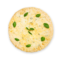 Delicious four cheese pizza with basil leaves