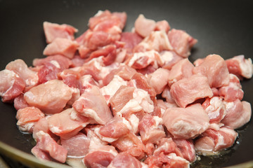 meat cut into pieces fried in a pan