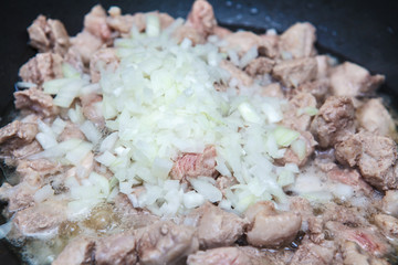 pieces of meat with onions fried in a pan