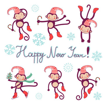 Happy new year card with monkeys - symbol of 2016 new year