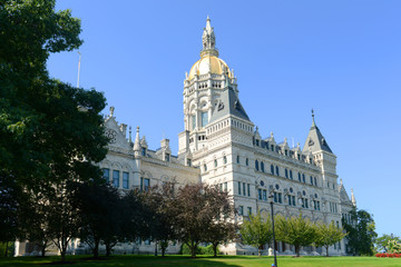 Connecticut State Capitol, Hartford, Connecticut, USA. This building was designed by Richard Upjohn with Victorian Gothic Revival style in 1872.