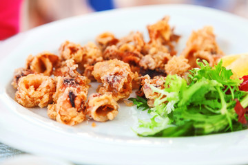 Fried squid in a greek restaurant
