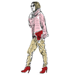 Fototapeta na wymiar Girl in a sweater and red high-heeled shoes
