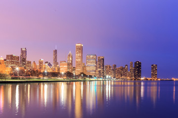 Downtown Chicago across Lake Michigan at sunset, IL