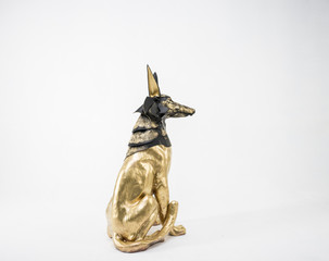 sculpture of the Egyptian god Anubis, gold figure and black jack