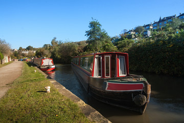 Boats on Avon canal in Bath, England, UK