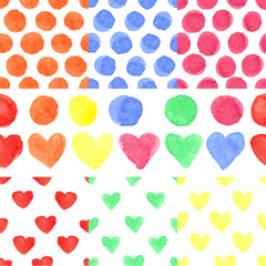 Watercolor colored heart,polka dot.Baby seamless patterns