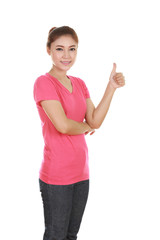 woman in blank t-shirt with thumbs up
