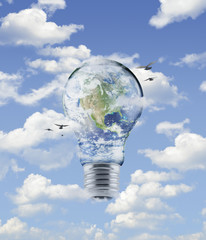 Earth globe in light bulb with birds on blue sky background, Ele