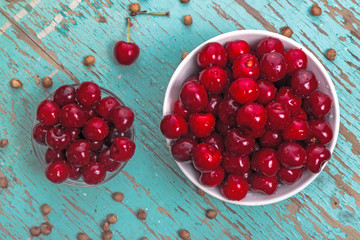 Sweet Cherry in Bowl on Rustic Table