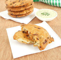 Maddur vada, a south Indian vegetarian snack eaten usually with coconut chutney.