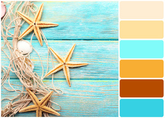 Sea stars and shells on wooden background and palette of colors