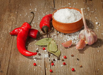 Red hot chili peppers , garlic , salt and other spices on old wooden background
