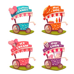 Set of fast food carts. Icecream, cotton candy, pop corn, hotdog