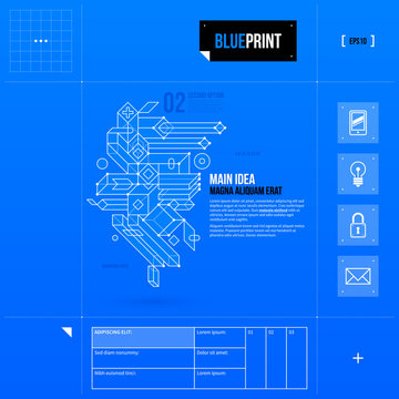 Page layout with abstract 3d element in blueprint style. EPS10