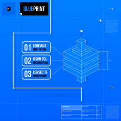 Abstract layout template in blueprint style with three numbered options and isometric object. EPS10