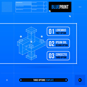 Three options template with abstract 3d element in blueprint style. EPS10