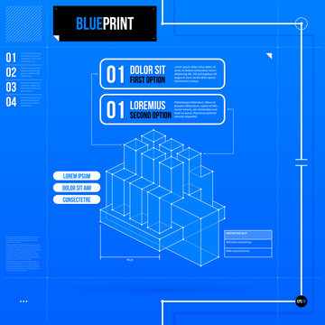Two numbered options layout in blueprint style with abstract isometric object. EPS10