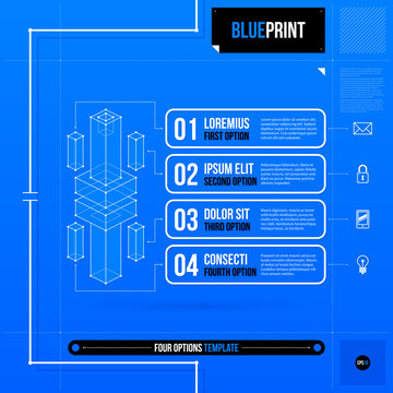 Vector layout with four numbered options and abstract isometric object in blueprint style. EPS10