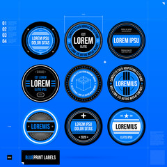 Set of nine labels and badges in blueprint style. EPS10 - 89755011