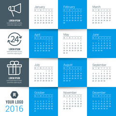 Vector Calendar Template. Calendar 2016. Week Starts Monday