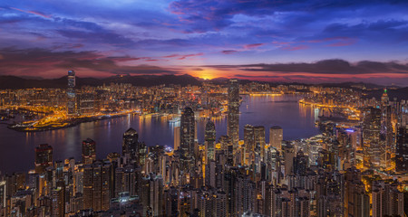 Fototapeta premium Sunrise over Victoria Harbor as viewed atop Victoria Peak