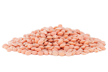 Heap of red lentils isolated on white background.