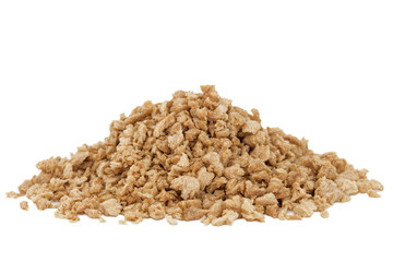 Heap of textured soy protein granules isolated on white background.