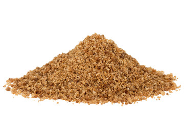 Heap of organic brown coconut palm sugar, isolated on white background.
