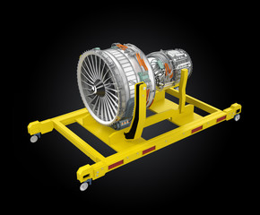 Jet fan engine on yellow engine stand. Clipping path available.