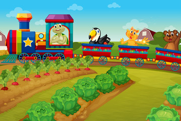 Animals riding on train by the farm