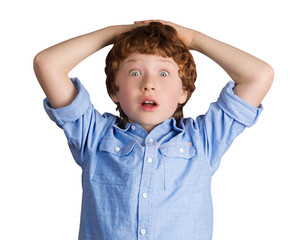 Handsome boy with surprised facial expression. Isolated on white