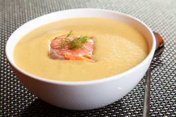 Avocado cream soup with smoked salmon