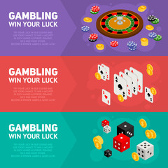 Casino isometric design concept of gambling templates with game items - roulette, poker chips, playing cards, dice, domino, coins