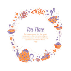 Elegant set of hand drawn tea and cakes circle wreath for busine © Yuzach
