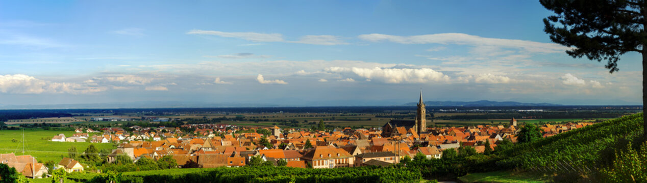 Beautiful colorful sunset over alsacien village Dambach-la-Ville
