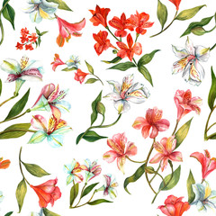 Seamless watercolor flowers (alstroemerias) background pattern